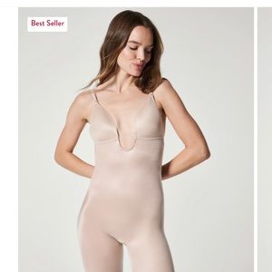 Suit Your Fancy Plunge Low-Back Mid-Thigh Bodysuit- CHAMPAGNE BEIGE- size M